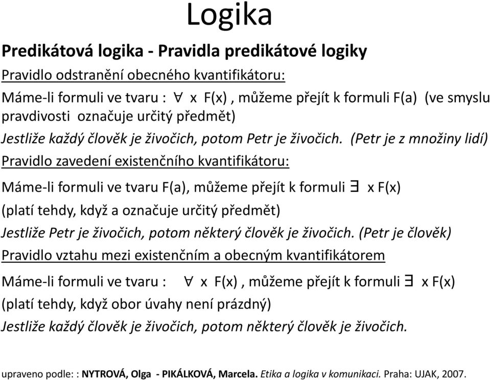 (Petr je z množiny lidí) Pravidlo zavedení existenčního kvantifikátoru: Máme-li formuli ve tvaru F(a), můžeme přejít k formuli x F(x) (platí tehdy, když a označuje určitý předmět) Jestliže Petr je