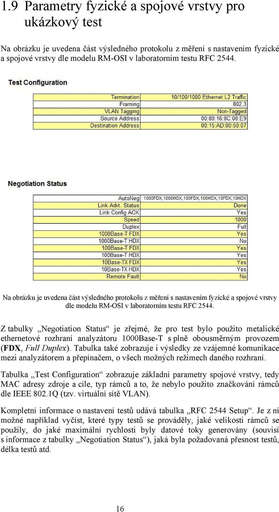 Z tabulky Negotiation Status je zřejmé, že pro test bylo použito metalické ethernetové rozhraní analyzátoru 1000Base-T s plně obousměrným provozem (FDX, Full Duplex).