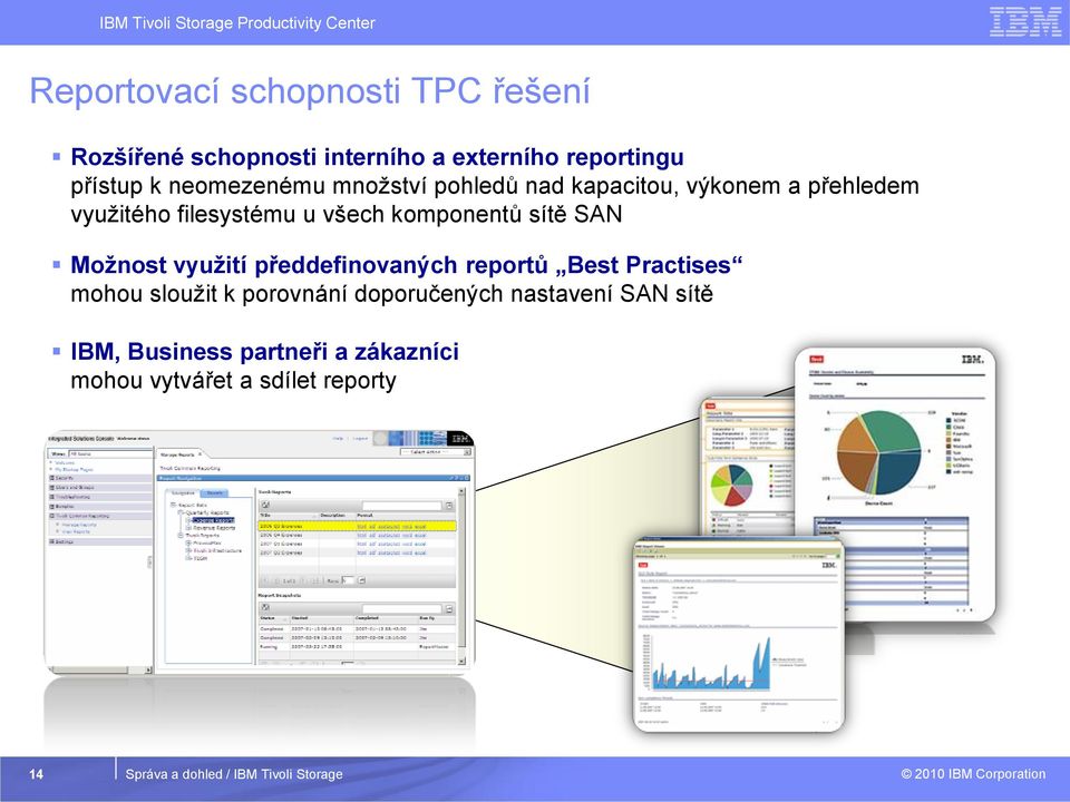 komponentů sítě SAN Možnost využití předdefinovaných reportů Best Practises mohou sloužit k