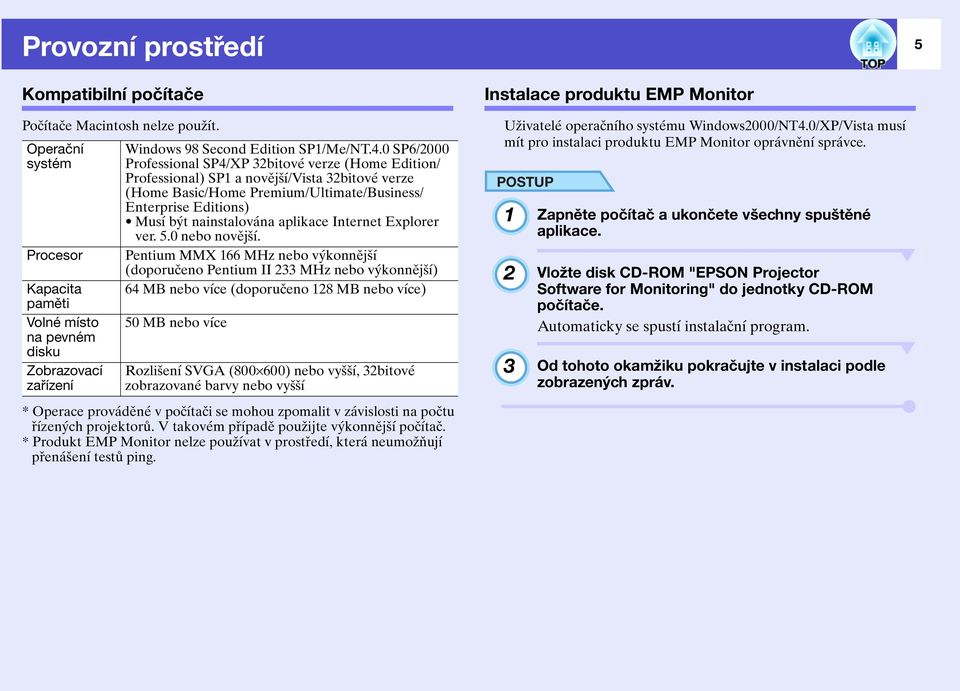 0 SP6/2000 Professional SP4/XP 32bitové verze (Home Edition/ Professional) SP1 a novější/vista 32bitové verze (Home Basic/Home Premium/Ultimate/Business/ Enterprise Editions) Musí být nainstalována