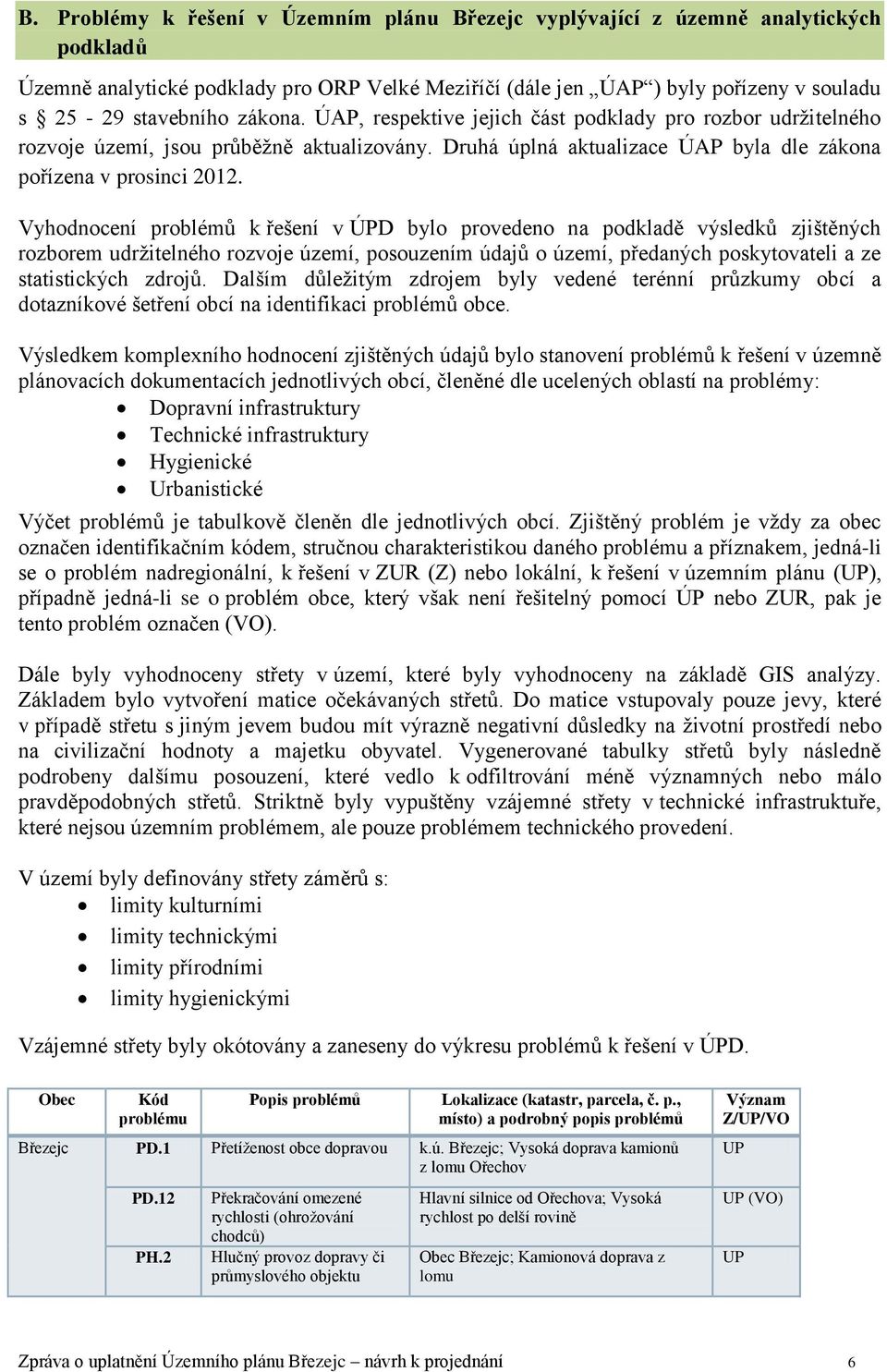 Vyhodnocení problémů k řešení v ÚPD bylo provedeno na podkladě výsledků zjištěných rozborem udržitelného rozvoje území, posouzením údajů o území, předaných poskytovateli a ze statistických zdrojů.