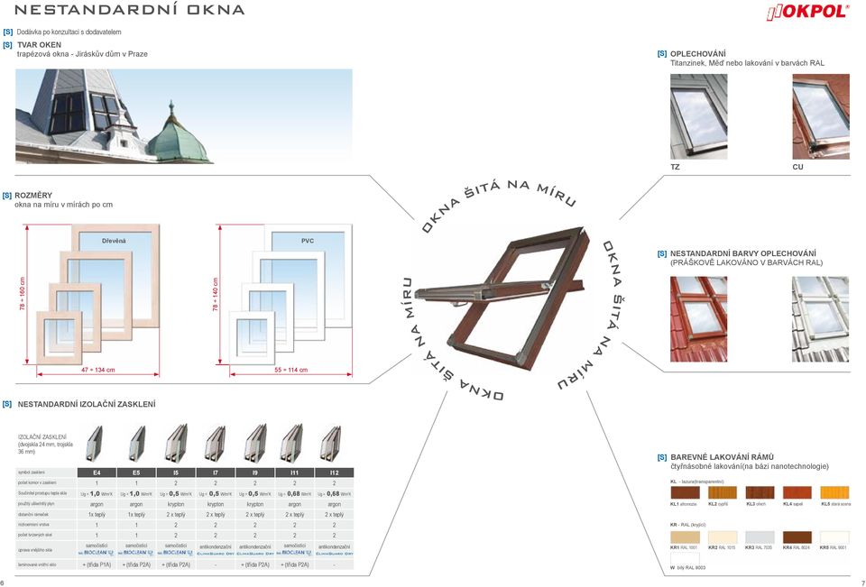 NESTANDARDNÍ IZOLAČNÍ ZASKLENÍ Izolační zasklení (dvojskla 24 mm, trojskla 36 mm) symbol zasklení E4 E5 I5 I7 I9 I11 I12 počet komor v zasklení 1 1 2 2 2 2 2 [S] Barevné lakování rámů čtyřnásobné