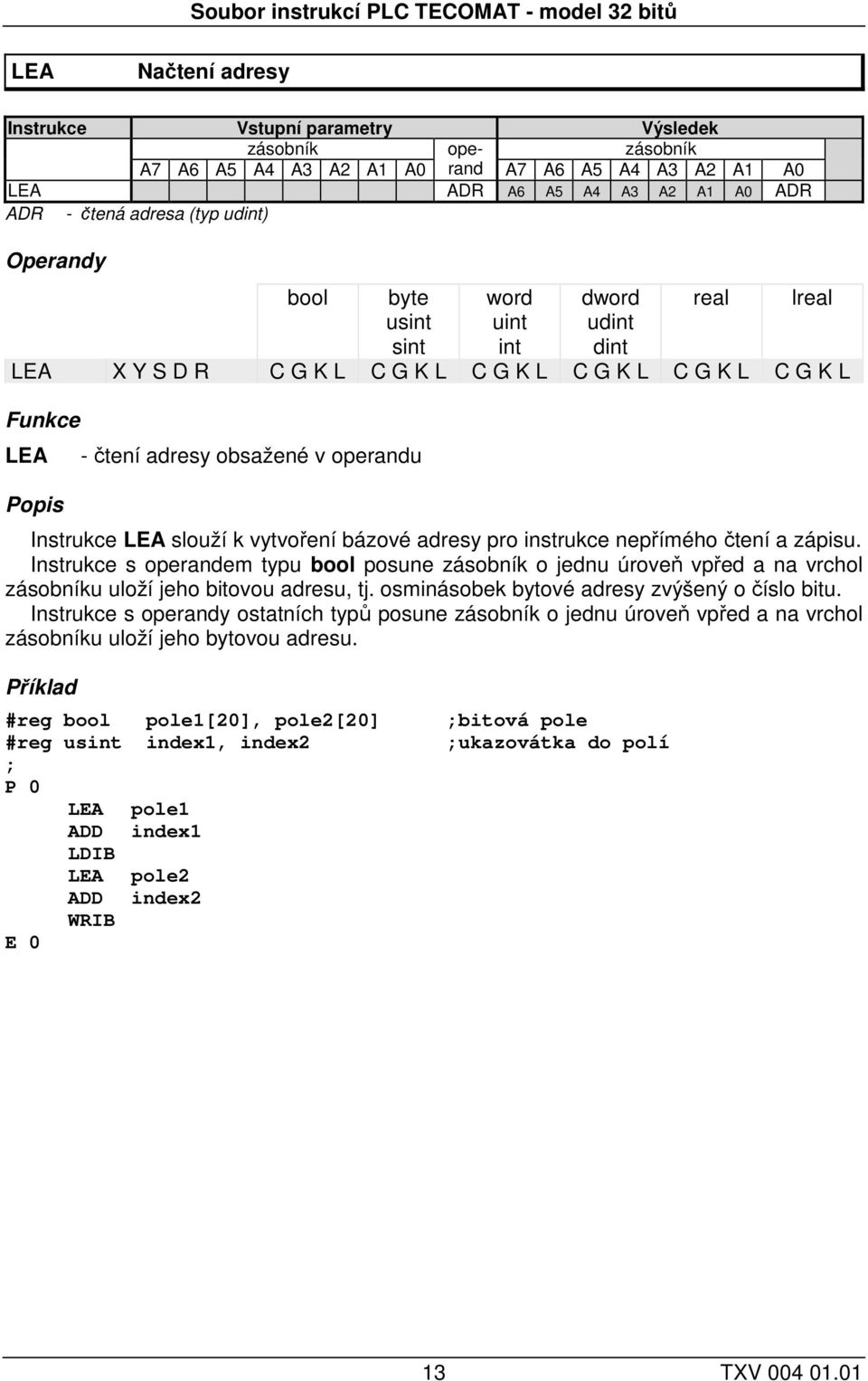 Instrukce LEA slouží k vytvoření bázové adresy pro instrukce nepřímého čtení a zápisu. Instrukce s operandem typu bool posune o jednu úroveň vpřed a na vrchol u uloží jeho bitovou adresu, tj.
