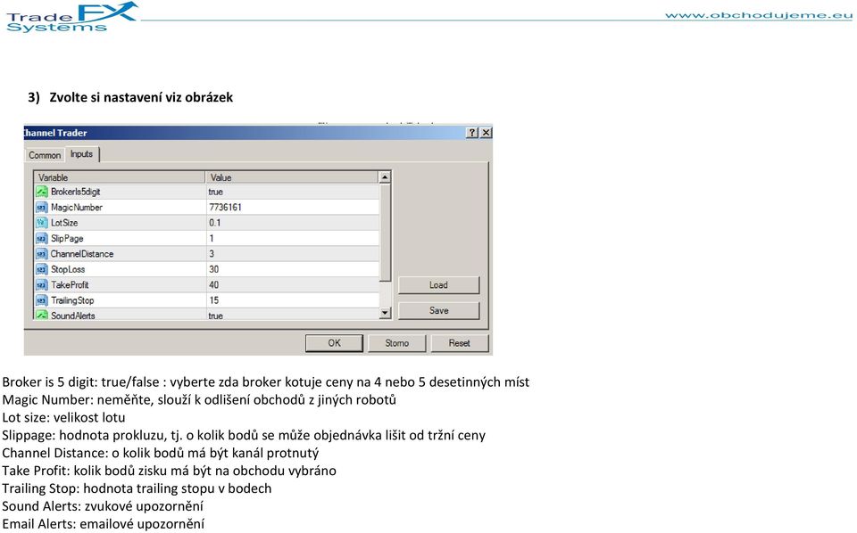 o kolik bodů se může objednávka lišit od tržní ceny Channel Distance: o kolik bodů má být kanál protnutý Take Profit: kolik bodů
