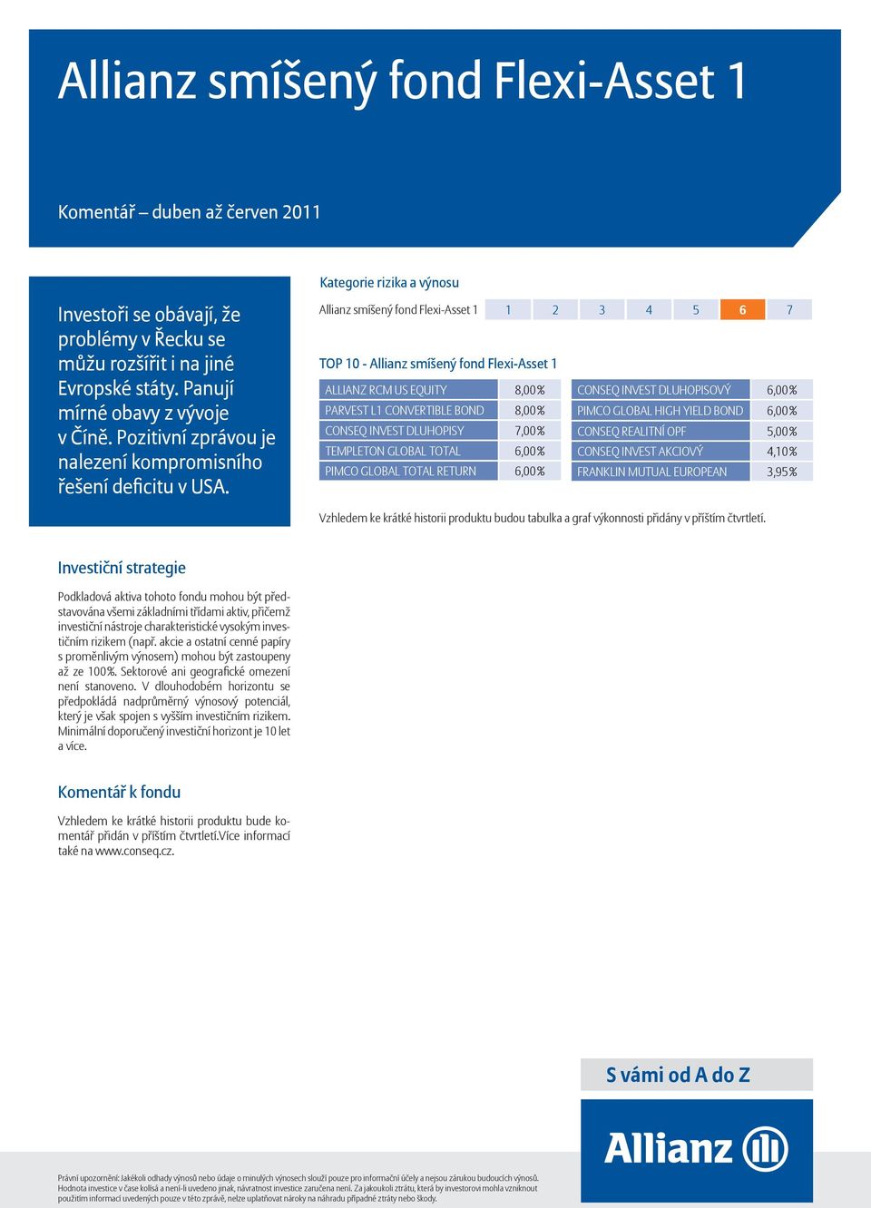 Allianz smíšený fond Flexi-Asset 1 TOP 10 - Allianz smíšený fond Flexi-Asset 1 ALLIANZ RCM US EQUITY 8,0 CONSEQ INVEST DLUHOPISOVÝ 6,0 PARVEST L1 CONVERTIBLE BOND 8,0 PIMCO GLOBAL HIGH YIELD BOND 6,0