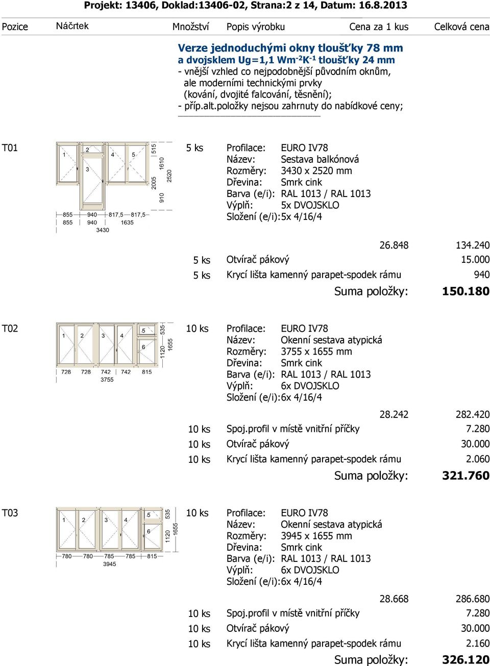 dvojité falcování, těsnění); - příp.alt.položky nejsou zahrnuty do nabídkové ceny; T01 Rozměry: 3430 x 2520 mm 26.848 T02 Spoj.profil v místě vnitřní příčky 150.180 282.420 7.