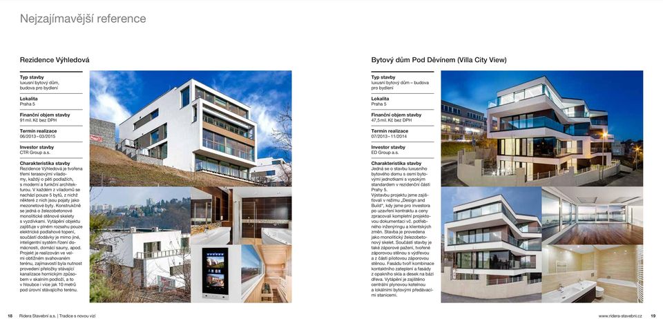 Rezidence Výhledová je tvořena třemi terasovými viladomy, každý o pěti podlažích, s moderní a funkční architekturou.