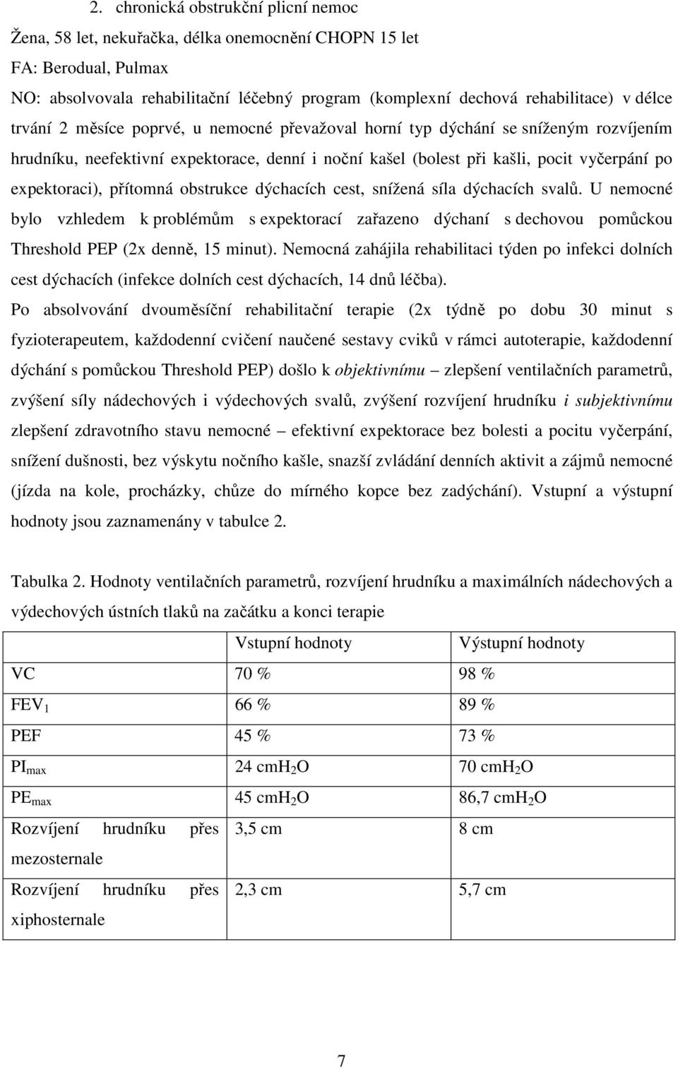 přítomná obstrukce dýchacích cest, snížená síla dýchacích svalů. U nemocné bylo vzhledem k problémům s expektorací zařazeno dýchaní s dechovou pomůckou Threshold PEP (2x denně, 15 minut).