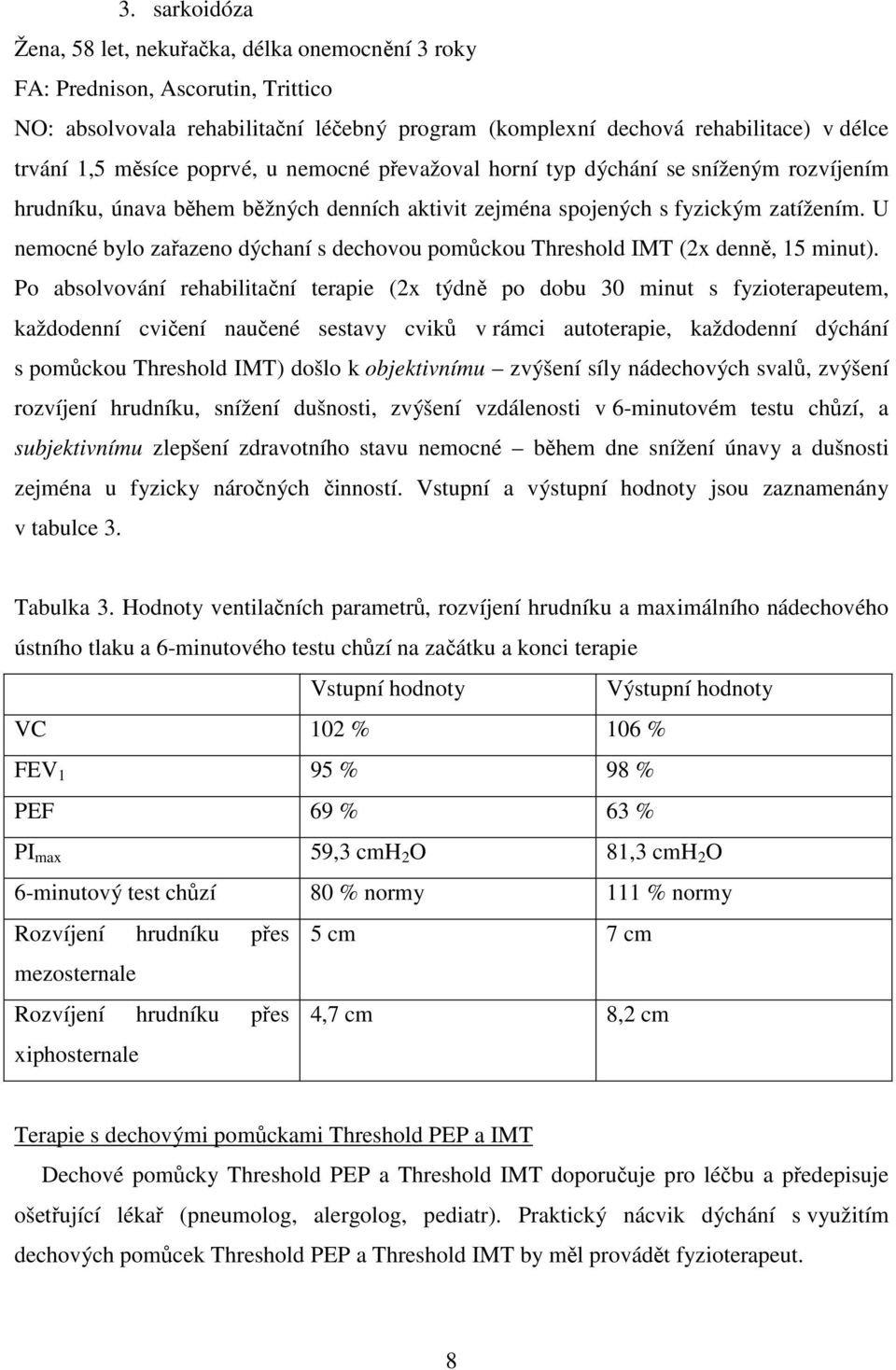 U nemocné bylo zařazeno dýchaní s dechovou pomůckou Threshold IMT (2x denně, 15 minut).