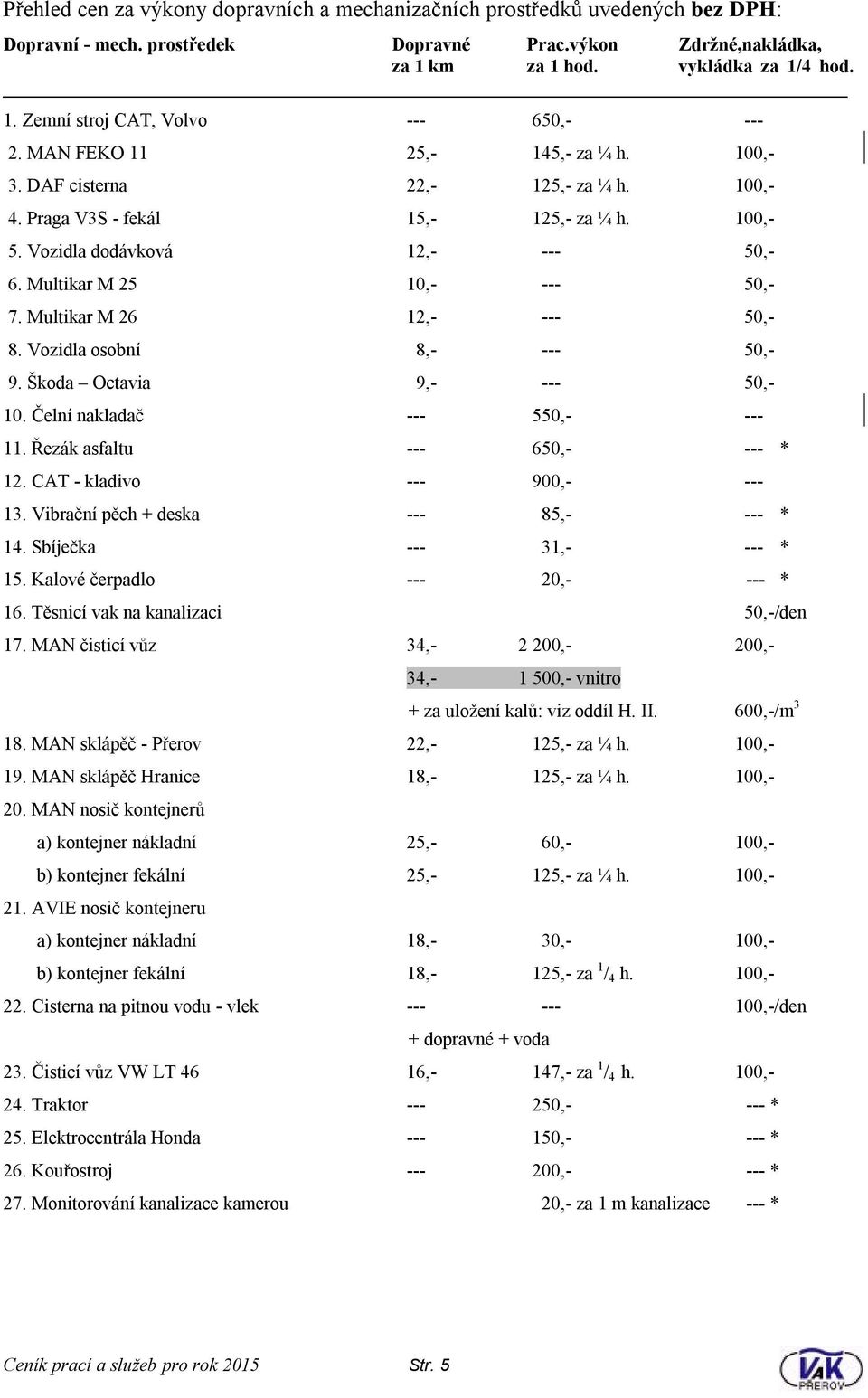 Multikar M 26 12,- --- 50,- 8. Vozidla osobní 8,- --- 50,- 9. Škoda Octavia 9,- --- 50,- 10. Čelní nakladač --- 550,- --- 11. Řezák asfaltu --- 650,- --- * 12. CAT - kladivo --- 900,- --- 13.