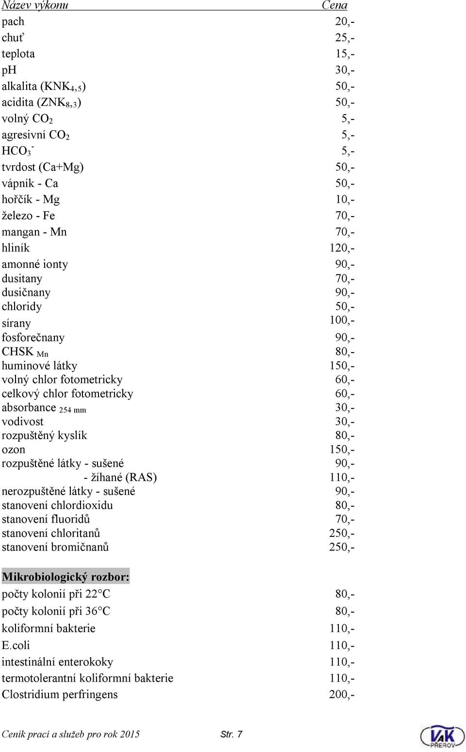 chlor fotometricky 60,- celkový chlor fotometricky 60,- absorbance 254 mm 30,- vodivost 30,- rozpuštěný kyslík 80,- ozon 150,- rozpuštěné látky - sušené 90,- - žíhané (RAS) 110,- nerozpuštěné látky -