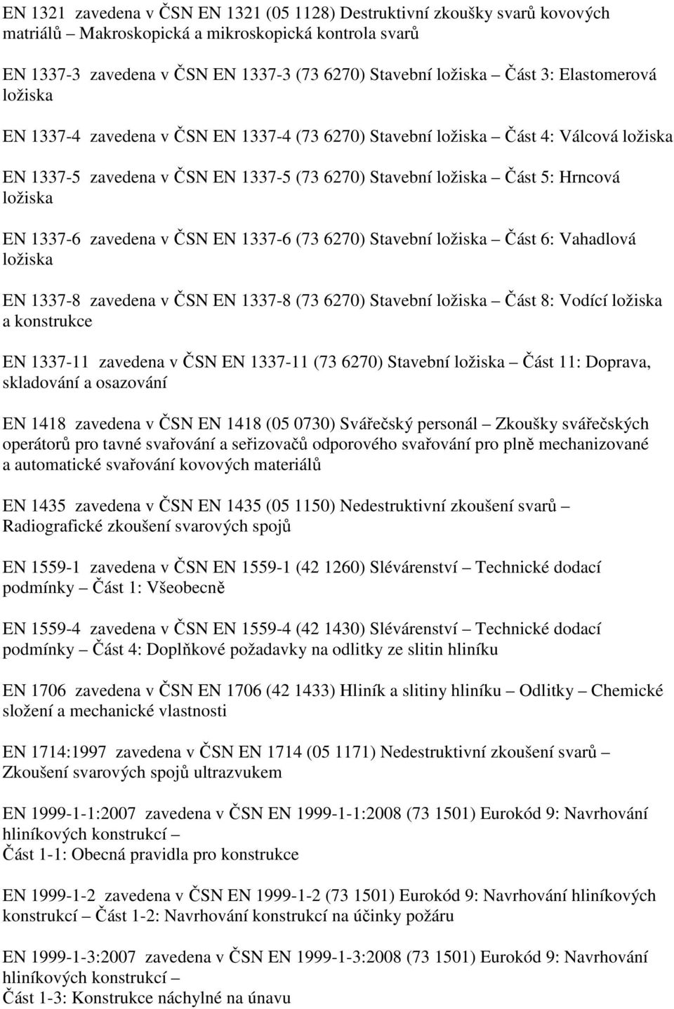 1337-6 zavedena v ČSN EN 1337-6 (73 6270) Stavební ložiska Část 6: Vahadlová ložiska EN 1337-8 zavedena v ČSN EN 1337-8 (73 6270) Stavební ložiska Část 8: Vodící ložiska a konstrukce EN 1337-11