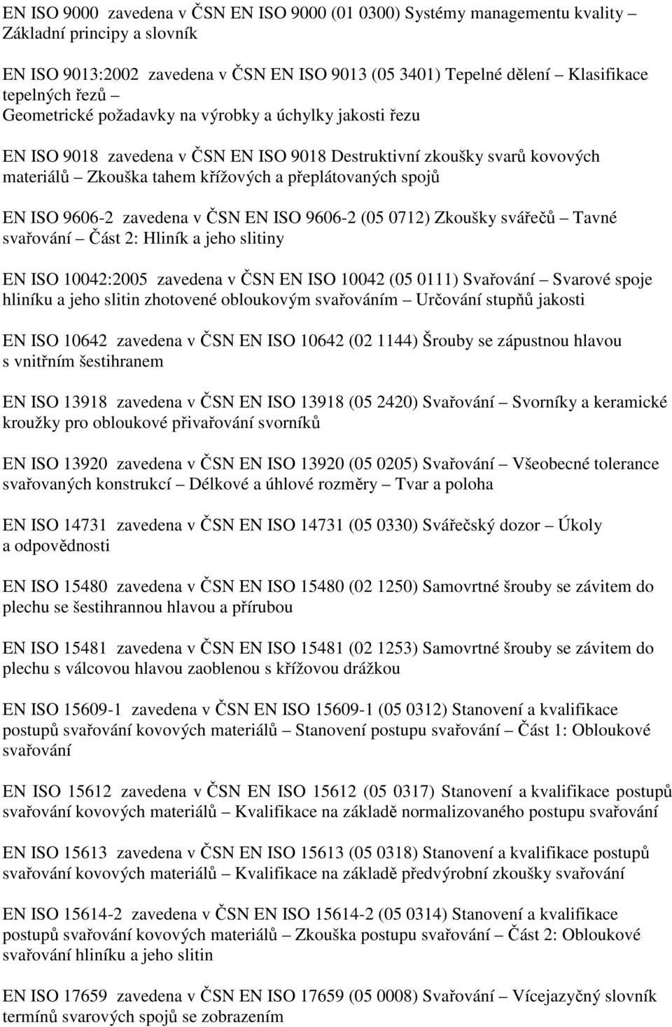 9606-2 zavedena v ČSN EN ISO 9606-2 (05 0712) Zkoušky svářečů Tavné svařování Část 2: Hliník a jeho slitiny EN ISO 10042:2005 zavedena v ČSN EN ISO 10042 (05 0111) Svařování Svarové spoje hliníku a