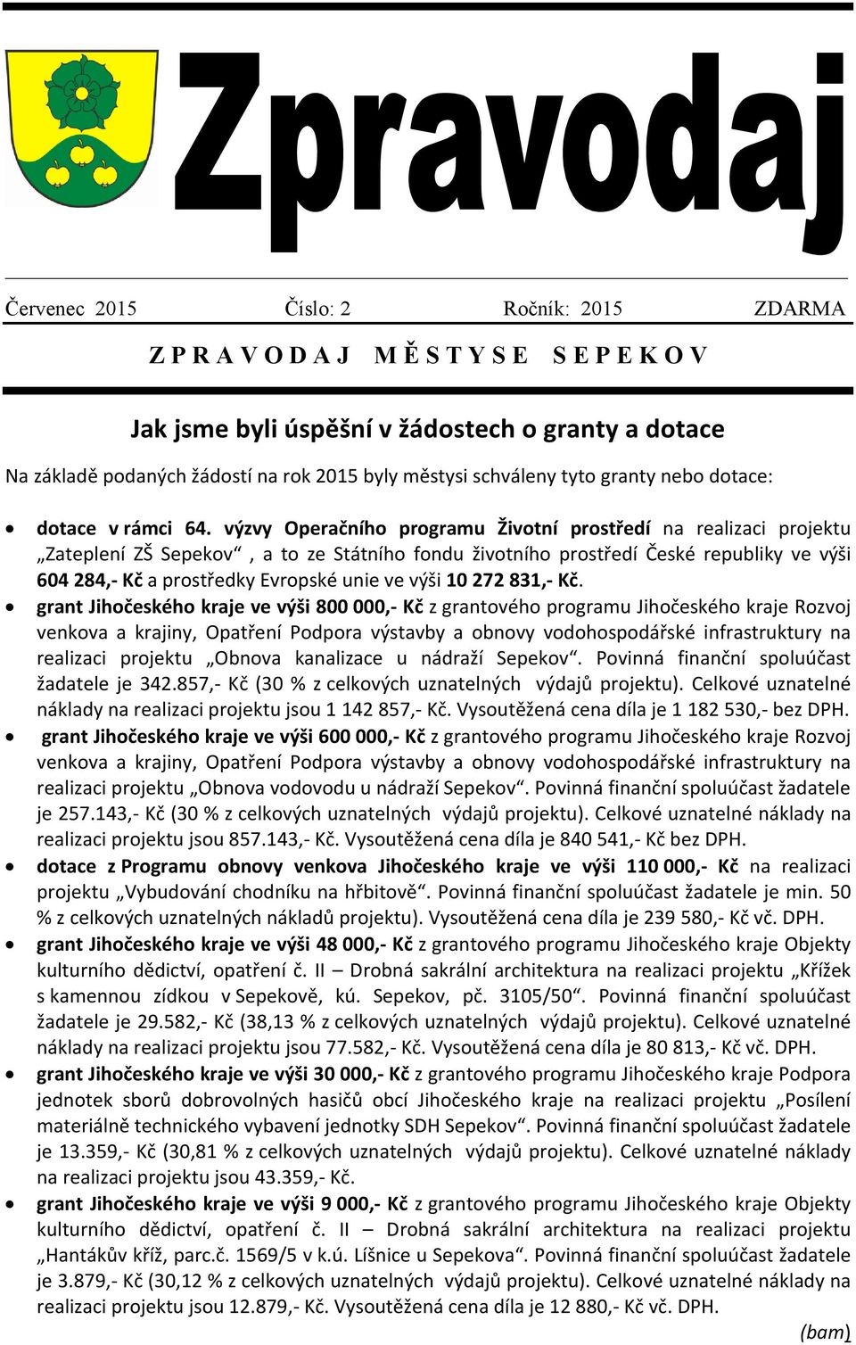 výzvy Operačního programu Životní prostředí na realizaci projektu Zateplení ZŠ Sepekov, a to ze Státního fondu životního prostředí České republiky ve výši 64 84,- Kč a prostředky Evropské unie ve