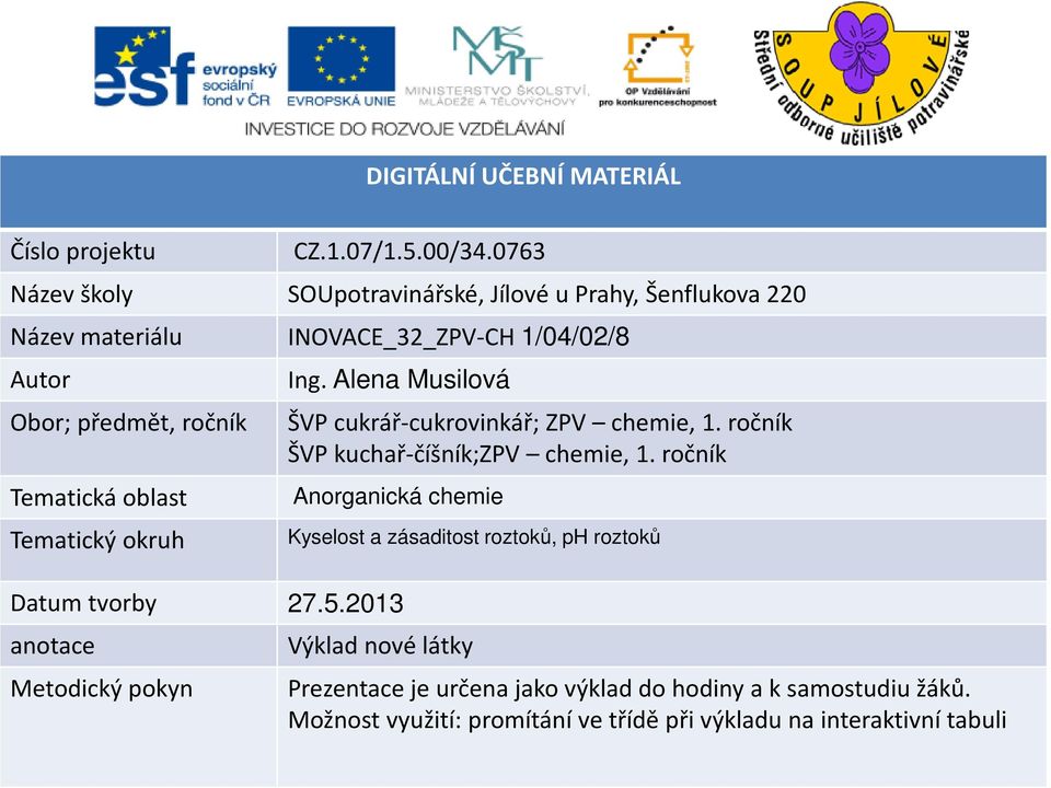 oblast Tematický okruh Ing. Alena Musilová ŠVP cukrář-cukrovinkář; ZPV chemie, 1. ročník ŠVP kuchař-číšník;zpv chemie, 1.