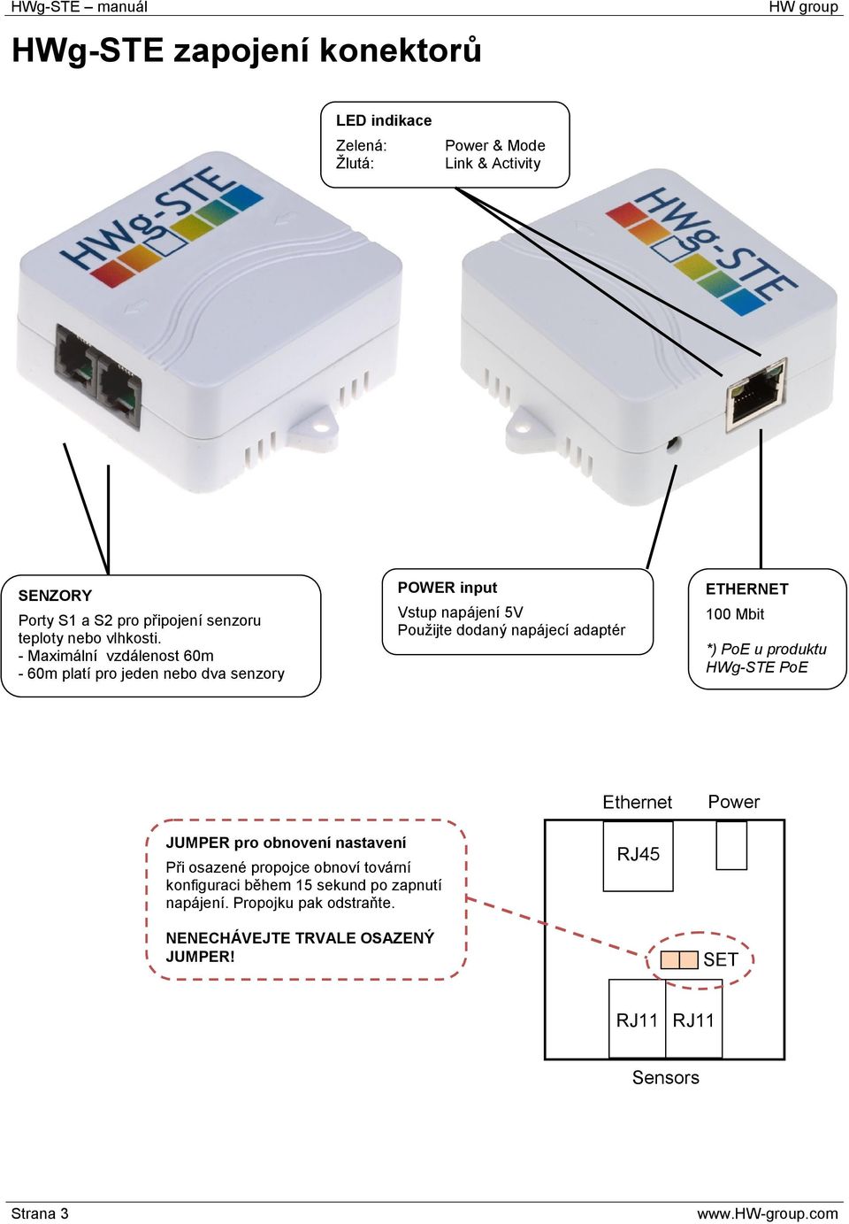 - Maximální vzdálenost 60m - 60m platí pro jeden nebo dva senzory POWER input Vstup napájení 5V Použijte dodaný napájecí adaptér ETHERNET