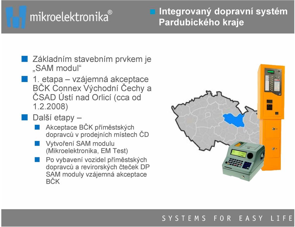 2008) Další etapy Akceptace BČK příměstských dopravců v prodejních místech ČD Vytvoření SAM modulu