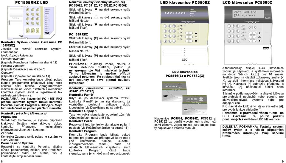 LED klávesnice PC5508Z LCD klávesnice PC5500Z Kontrolka Systém (pouze klávesnice PC 1555RKZ) Jestliže se rozsvítí kontrolka Systém, znamená to: Nedostupnou klávesnici Poruchu systému (kapitola