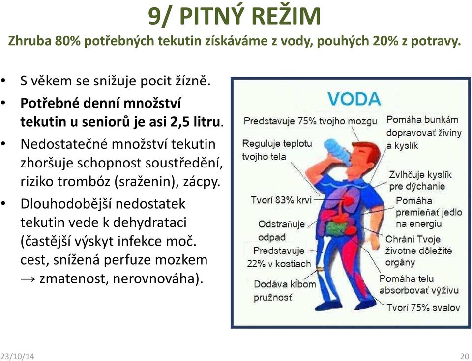 Nedostatečné množství tekutin zhoršuje schopnost soustředění, riziko trombóz (sraženin), zácpy.