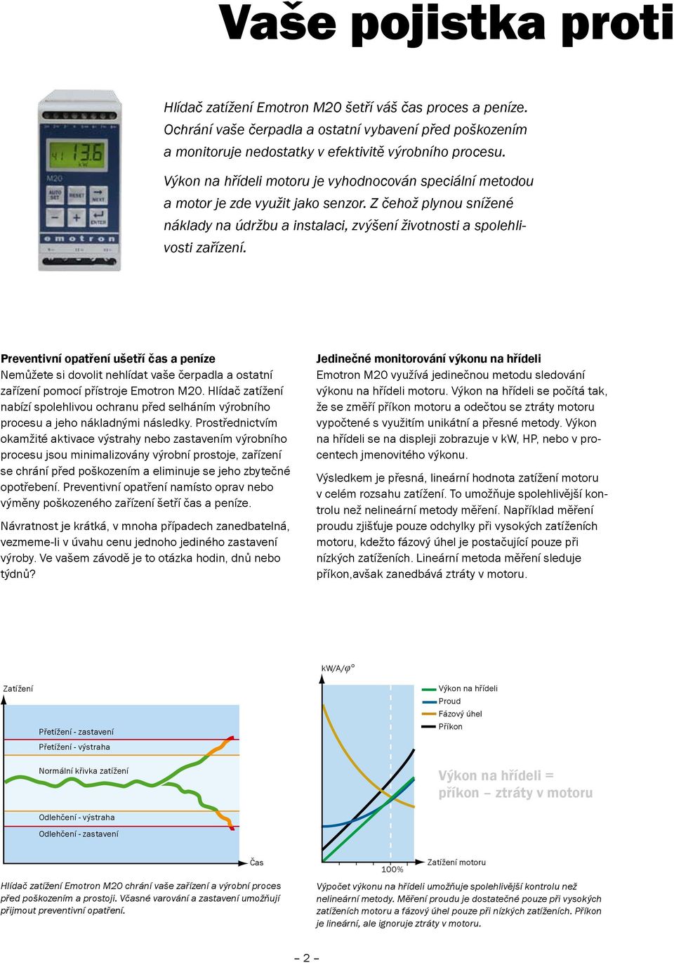 Preventivní opatření ušetří čas a peníze Nemůžete si dovolit nehlídat vaše čerpadla a ostatní zařízení pomocí přístroje Emotron M20.