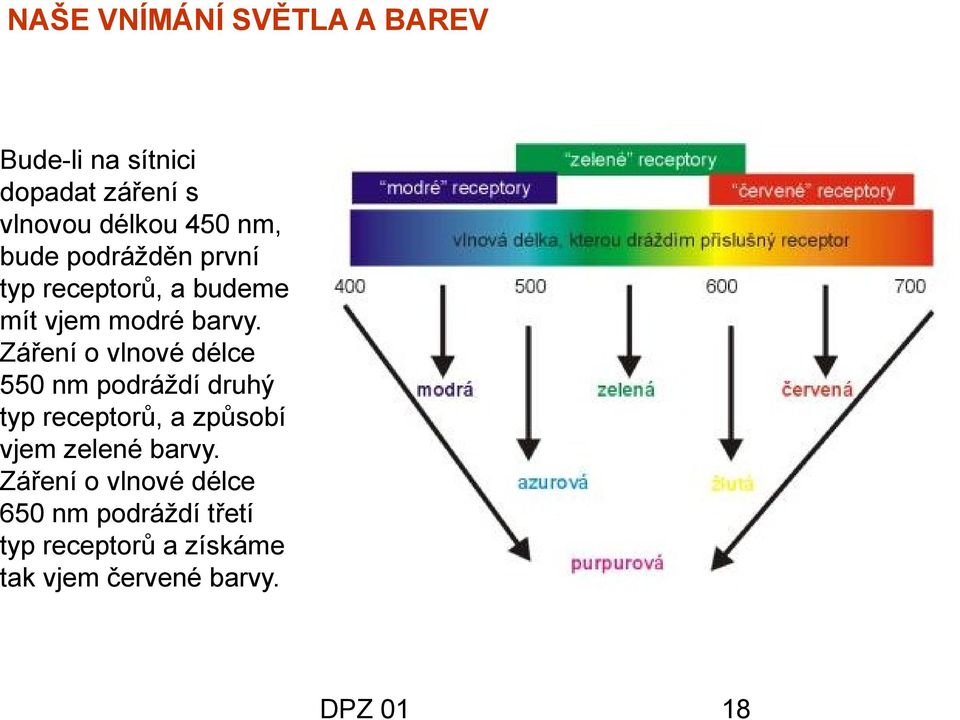 Záření o vlnové délce 550 nm podráždí druhý typ receptorů, a způsobí vjem zelené