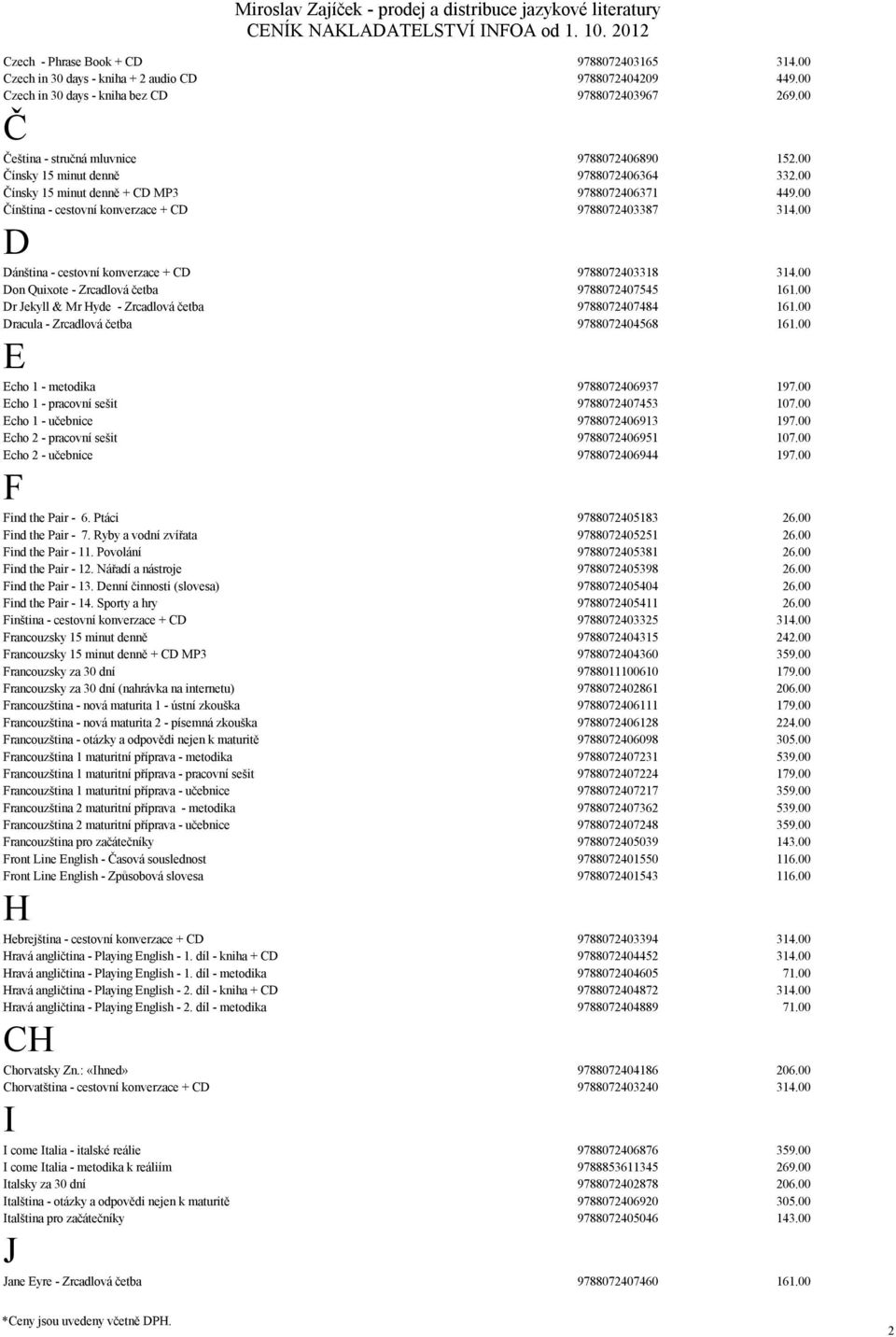 00 Čínština - cestovní konverzace + CD 9788072403387 314.00 D Dánština - cestovní konverzace + CD 9788072403318 314.00 Don Quixote - Zrcadlová četba 9788072407545 161.