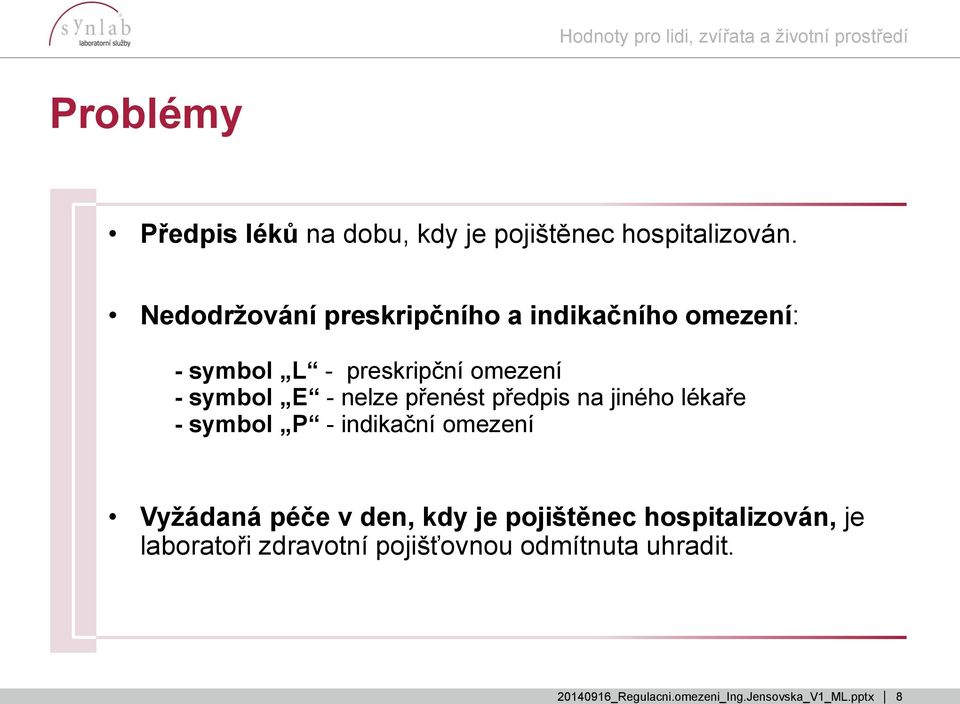 symbol E - nelze přenést předpis na jiného lékaře - symbol P - indikační omezení