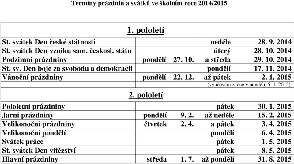 1. 2015) 2. pololetí Pololetní prázdniny pátek 30. 1. 2015 Jarní prázdniny pondělí 9. 2. až neděle 15. 2. 2015 Velikonoční prázdniny čtvrtek 2. 4.