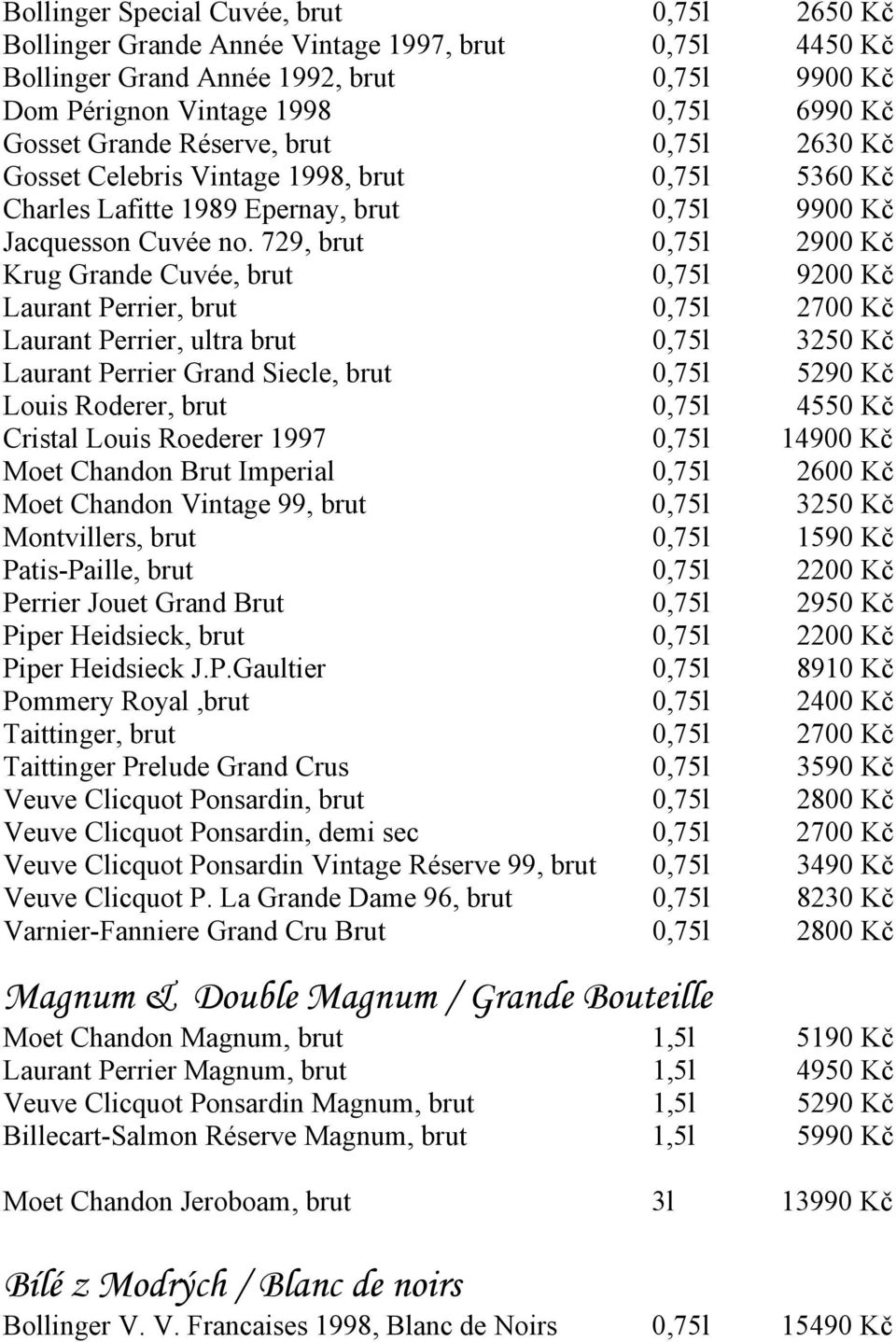 729, brut 0,75l 2900 Kč Krug Grande Cuvée, brut 0,75l 9200 Kč Laurant Perrier, brut 0,75l 2700 Kč Laurant Perrier, ultra brut 0,75l 3250 Kč Laurant Perrier Grand Siecle, brut 0,75l 5290 Kč Louis
