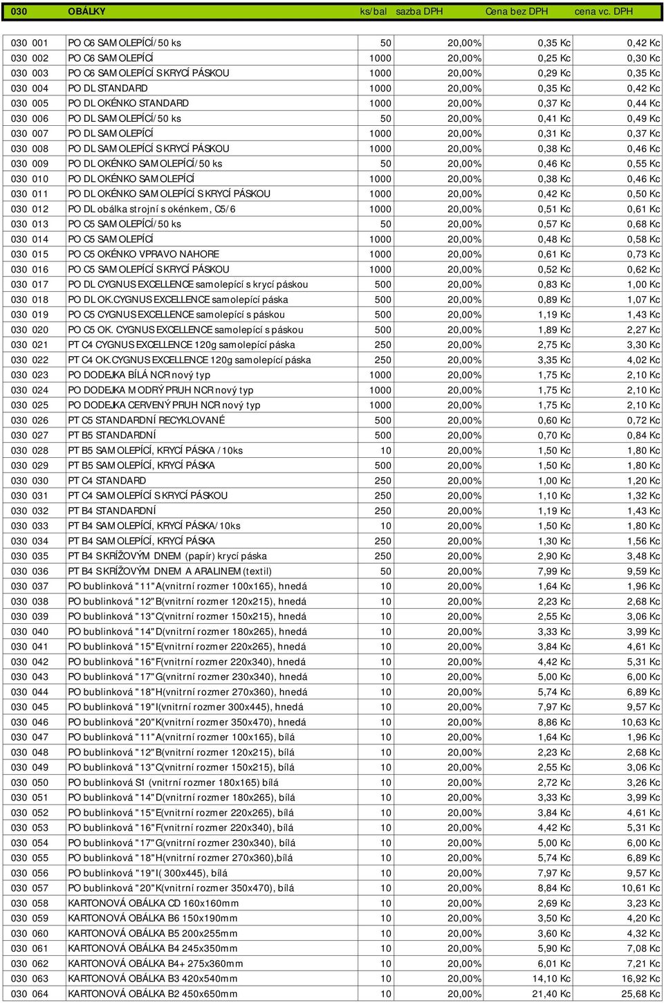 STANDARD 1000 20,00% 0,35 Kc 0,42 Kc 030 005 PO DL OKÉNKO STANDARD 1000 20,00% 0,37 Kc 0,44 Kc 030 006 PO DL SAMOLEPÍCÍ/50 ks 50 20,00% 0,41 Kc 0,49 Kc 030 007 PO DL SAMOLEPÍCÍ 1000 20,00% 0,31 Kc