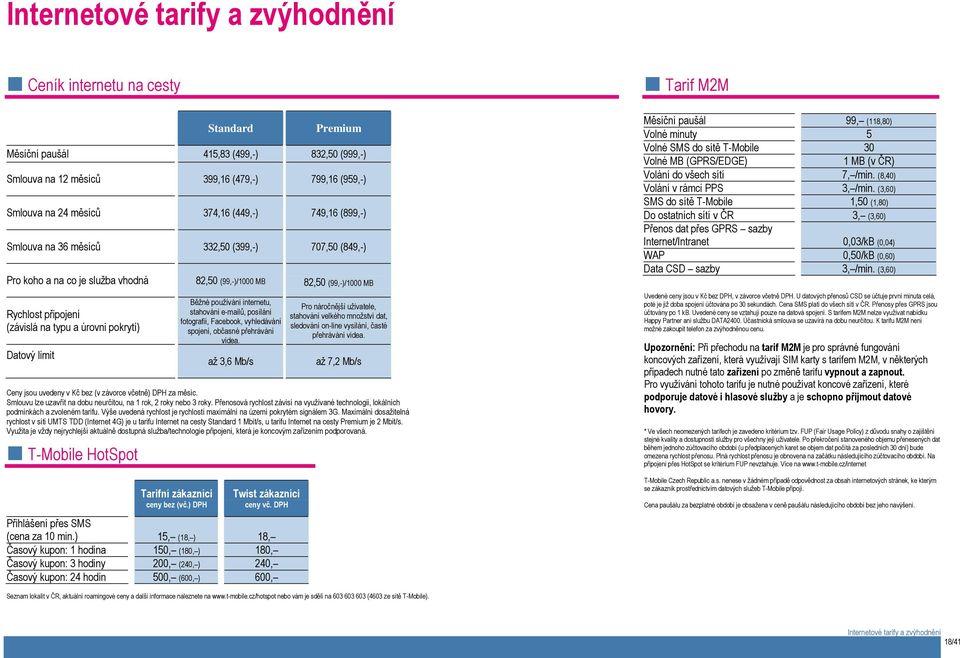 a úrovni pokrytí) Datový limit Běžné používání internetu, stahování e-mailů, posílání fotografií, Facebook, vyhledávání spojení, občasné přehrávání videa.