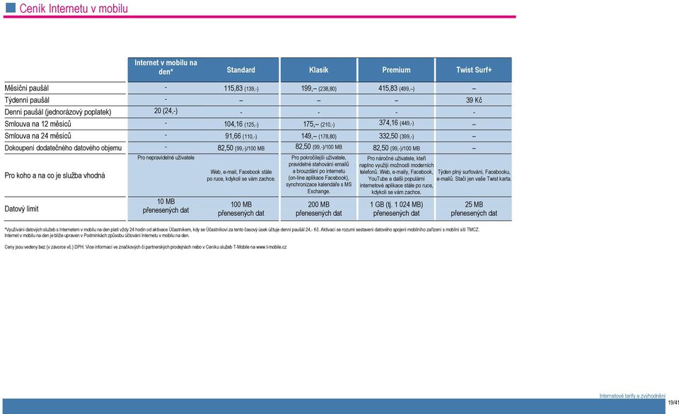82,50 (99,-)/100 MB 82,50 (99,-)/100 MB 82,50 (99,-)/100 MB Pro koho a na co je služba vhodná Datový limit Pro nepravidelné uživatele 10 MB přenesených dat Web, e-mail, Facebook stále po ruce,