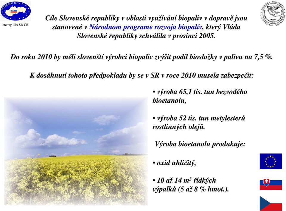 Do roku 2010 by měli m slovenští výrobci biopaliv zvýšit podíl biosložky v palivu na 7,5 %.