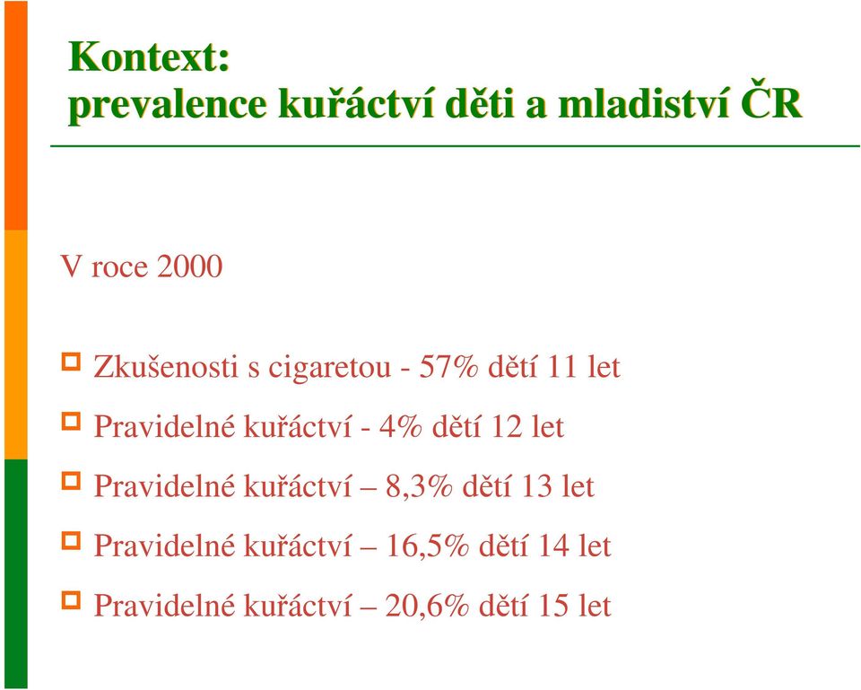 4% dětí 12 let Pravidelné kuřáctví 8,3% dětí 13 let Pravidelné
