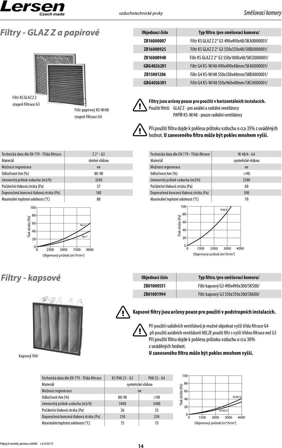 KS GLAZ Z 2 stupeň filtrace G3 Filtr papírový KS-W/48 stupeň filtrace G4 Filtry jsou určeny pouze pro použití v horizontálních instalacích.