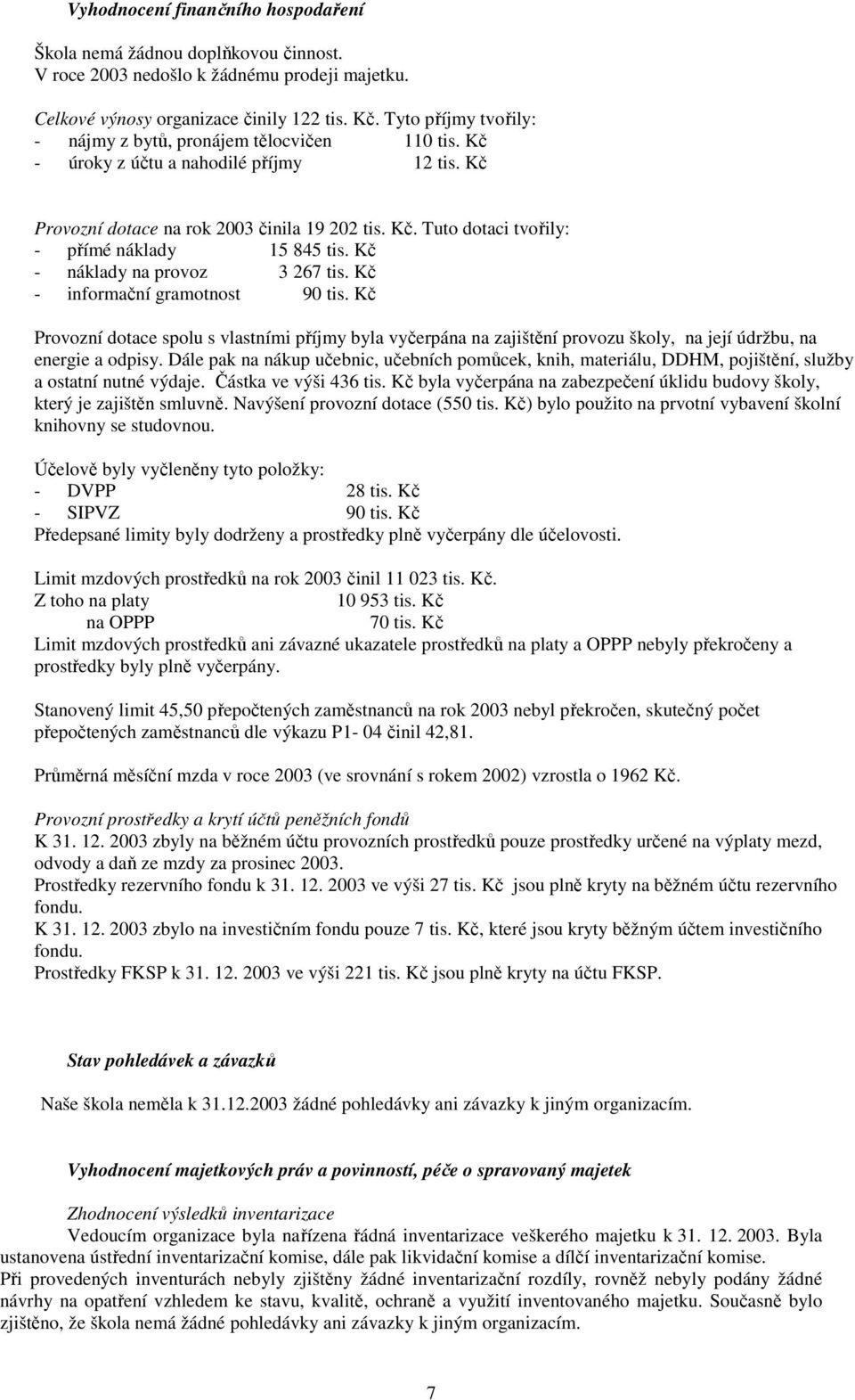 Kč - náklady na provoz 3 267 tis. Kč - informační gramotnost 90 tis. Kč Provozní dotace spolu s vlastními příjmy byla vyčerpána na zajištění provozu školy, na její údržbu, na energie a odpisy.