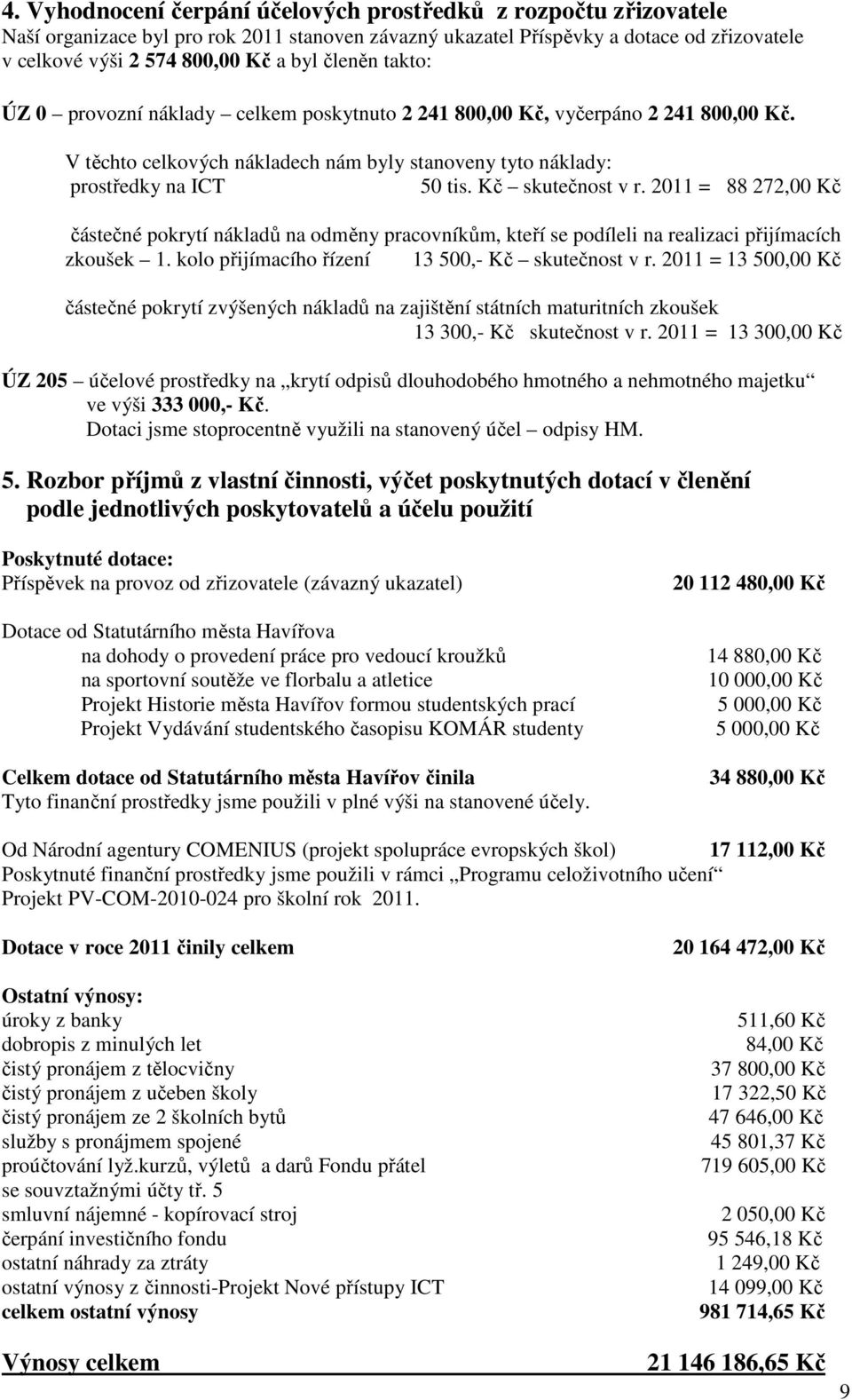 Kč skutečnost v r. 2011 = 88 272,00 Kč částečné pokrytí nákladů na odměny pracovníkům, kteří se podíleli na realizaci přijímacích zkoušek 1. kolo přijímacího řízení 13 500,- Kč skutečnost v r.