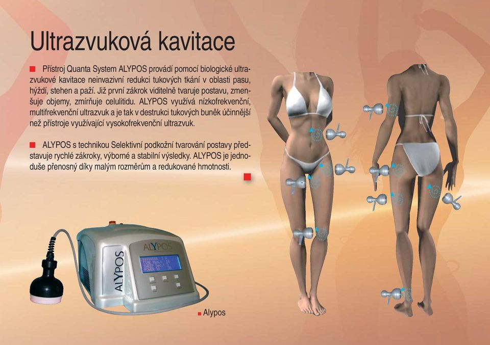 ALYPOS využívá nízkofrekvenční, multifrekvenční ultrazvuk a je tak v destrukci tukových buněk účinnější než přístroje využívající vysokofrekvenční