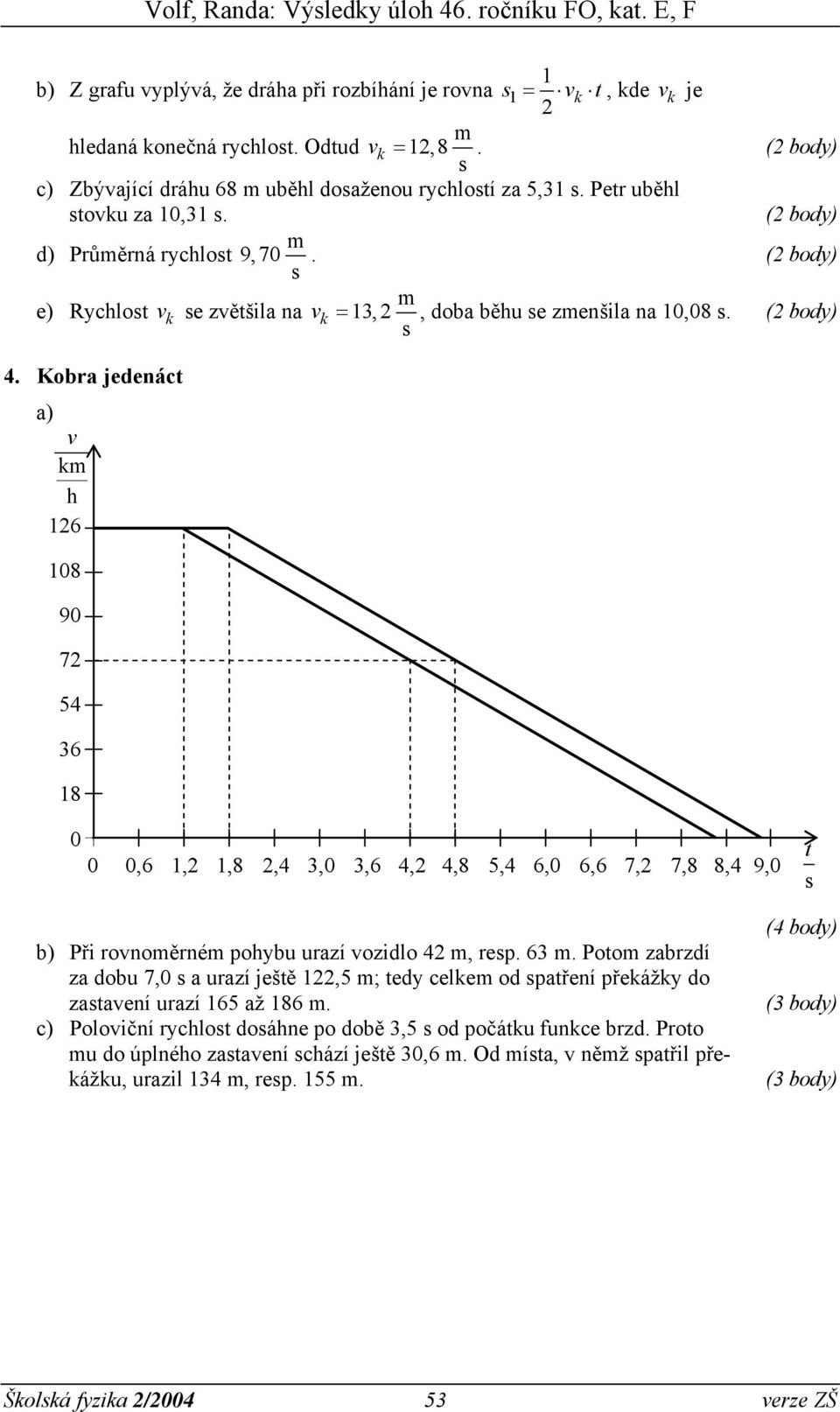 Kobra jedenác k h 126 18 9 72 54 6 18 2 k k = 1,2, doba běhu e zenšila na 1,8.,6 1,2 1,8 2,4,,6 4,2 4,8 5,4 6, 6,6 7,2 7,8 8,4 9, b) Při ronoěrné pohybu urazí ozidlo 42, rep. 6. Poo zabrzdí za dobu 7, a urazí ješě 122,5 ; edy celke od paření překážky do zaaení urazí 165 až 186.