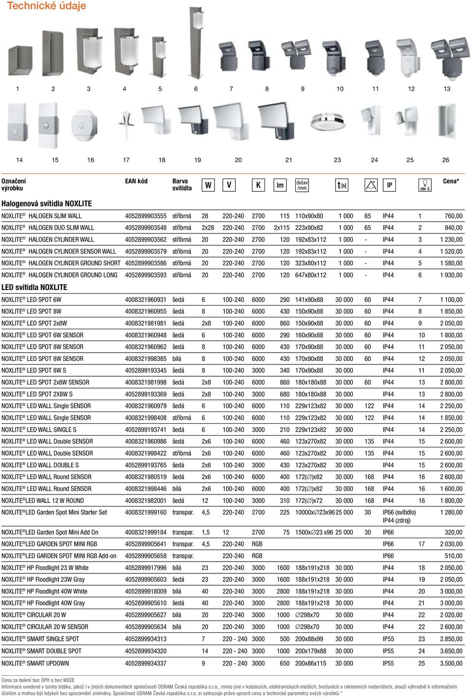 HALOGEN CYLINDER WALL 4052899903562 stříbrná 20 220-240 2700 120 192x83x112 1 000 - IP44 3 1 230,00 NOXLITE HALOGEN CYLINDER SENSOR WALL 4052899903579 stříbrná 20 220-240 2700 120 192x83x112 1 000 -