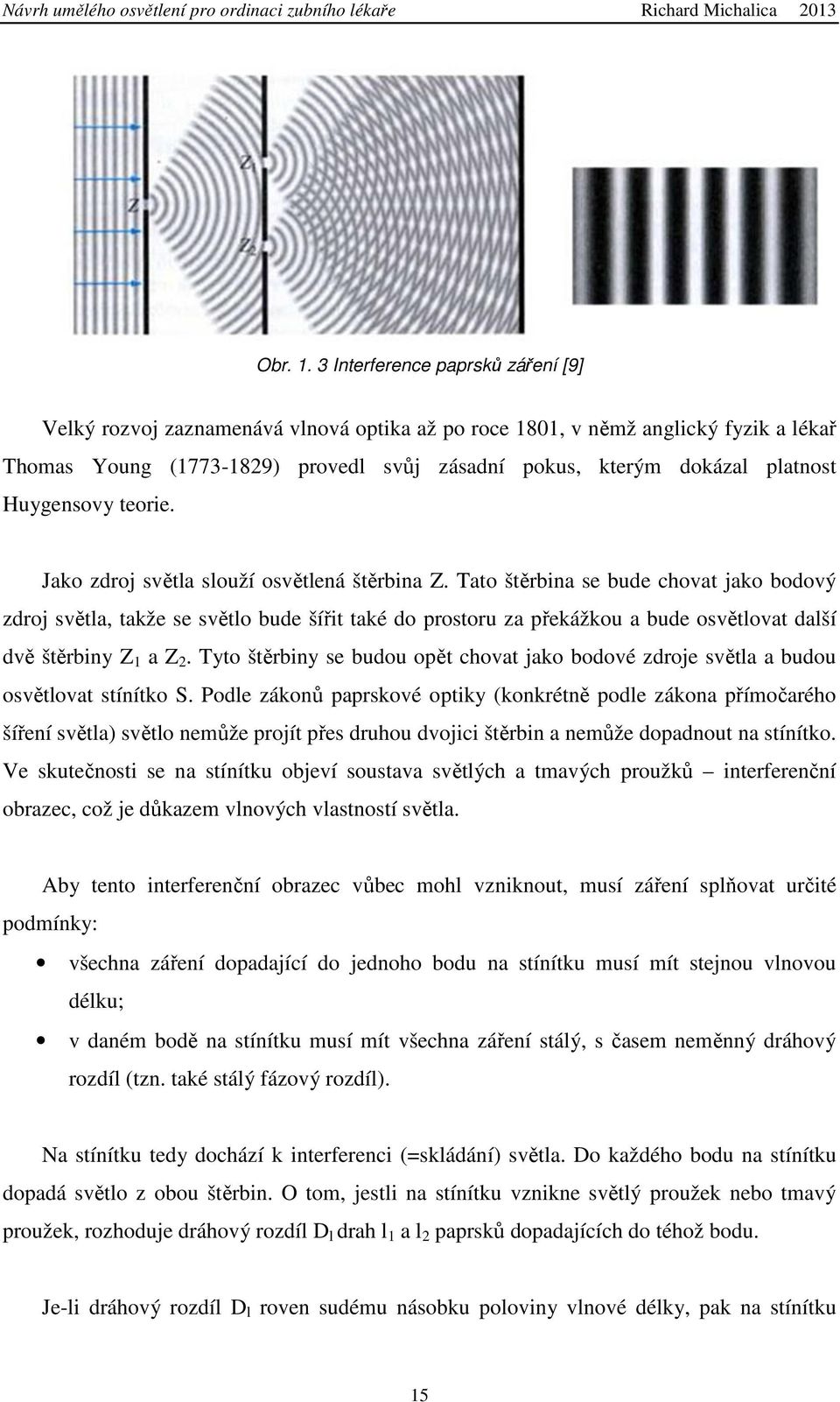 Huygensovy teorie. Jako zdroj světla slouží osvětlená štěrbina Z.