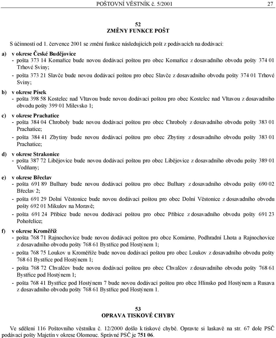 374 01 Trhové Sviny; - pošta 373 21 Slavče bude novou dodávací poštou pro obec Slavče z dosavadního obvodu pošty 374 01 Trhové Sviny; b) v okrese Písek - pošta 398 58 Kostelec nad Vltavou bude novou