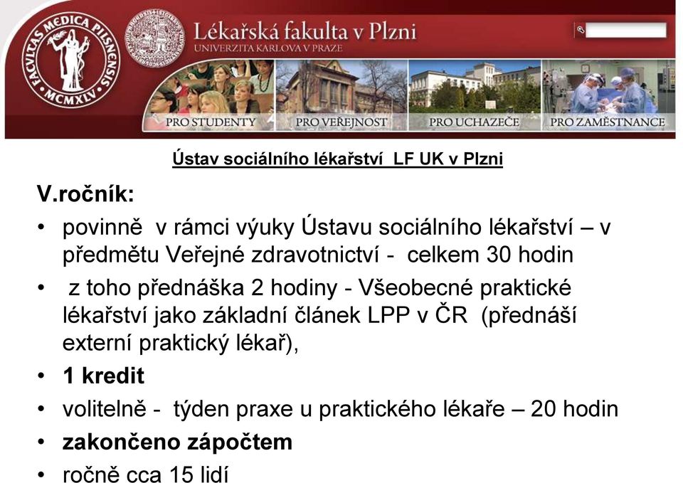 článek LPP v ČR (přednáší externí praktický lékař), 1 kredit volitelně - týden praxe u