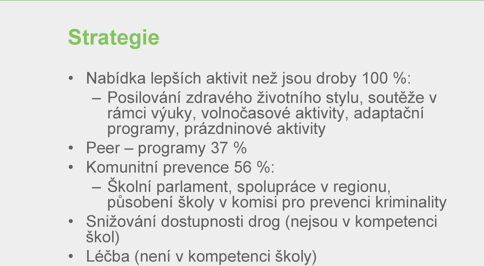37 % Komunitní prevence 56 %: Školní parlament, spolupráce v regionu, působení školy v komisi pro