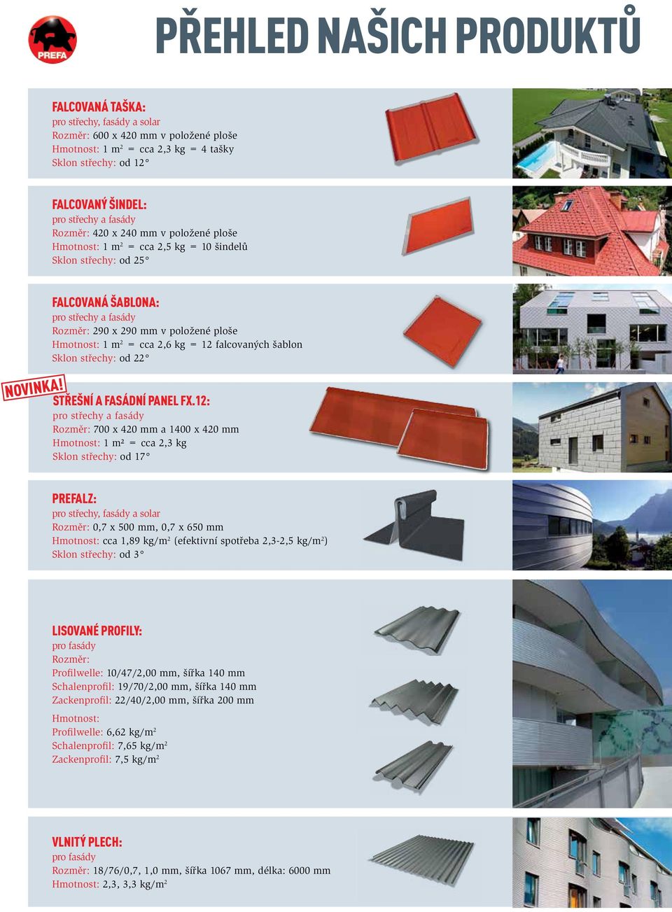 Falcovaná šablona: pro střechy a fasády Rozměr: 290 x 290 mm v položené ploše Hmotnost: 1 m 2 = cca 2,6 kg = 12 falcovaných šablon Sklon střechy: od 22 STŘEŠNÍ A FASÁDNÍ PANEL FX.