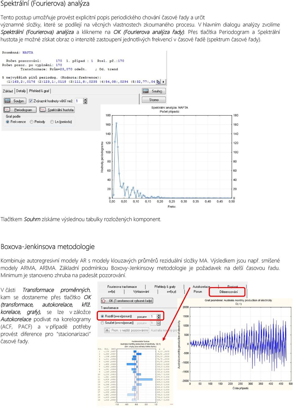 Přes tlačítka Periodogram a Spektrální hustota je možné získat obraz o intenzitě zastoupení jednotlivých frekvencí v časové řadě (spektrum časové řady).