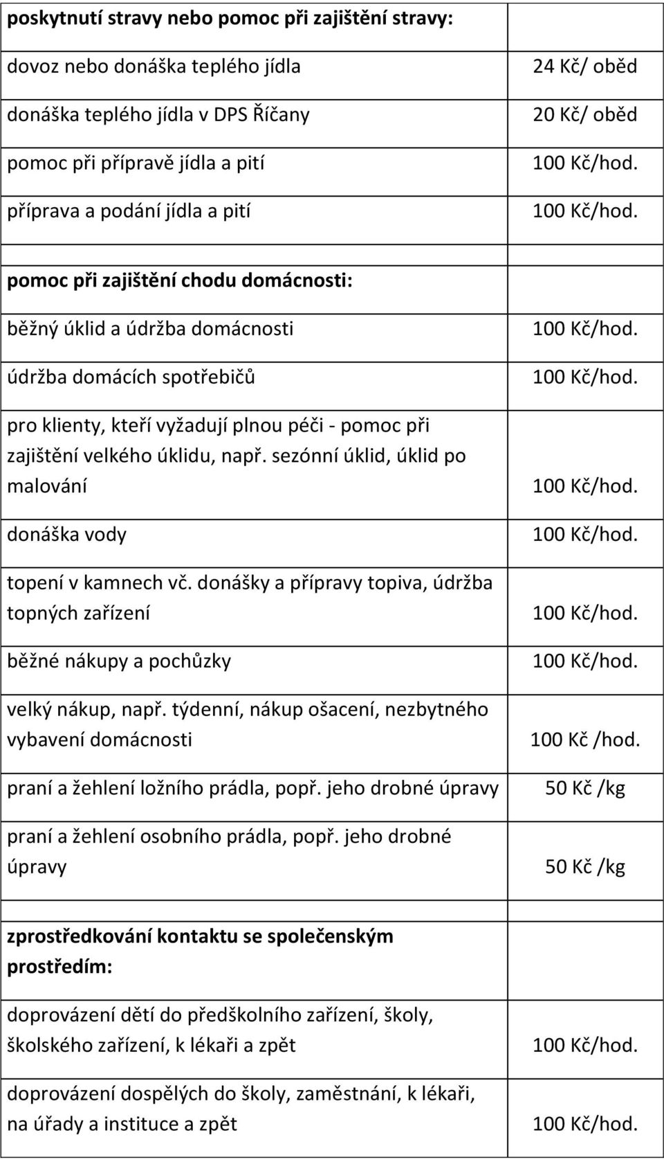 sezónní úklid, úklid po malování donáška vody topení v kamnech vč. donášky a přípravy topiva, údržba topných zařízení běžné nákupy a pochůzky velký nákup, např.