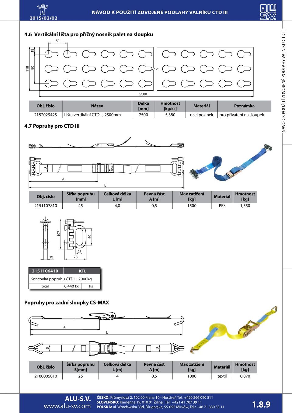7 Popruhy pro CTD III 107 60 S A Šířka popruhu [mm] Celková délka [m] Pevná část A [m] Max zatížení Materiál Hmotnost 2151107810 45 4,0 0,5 1500 PES