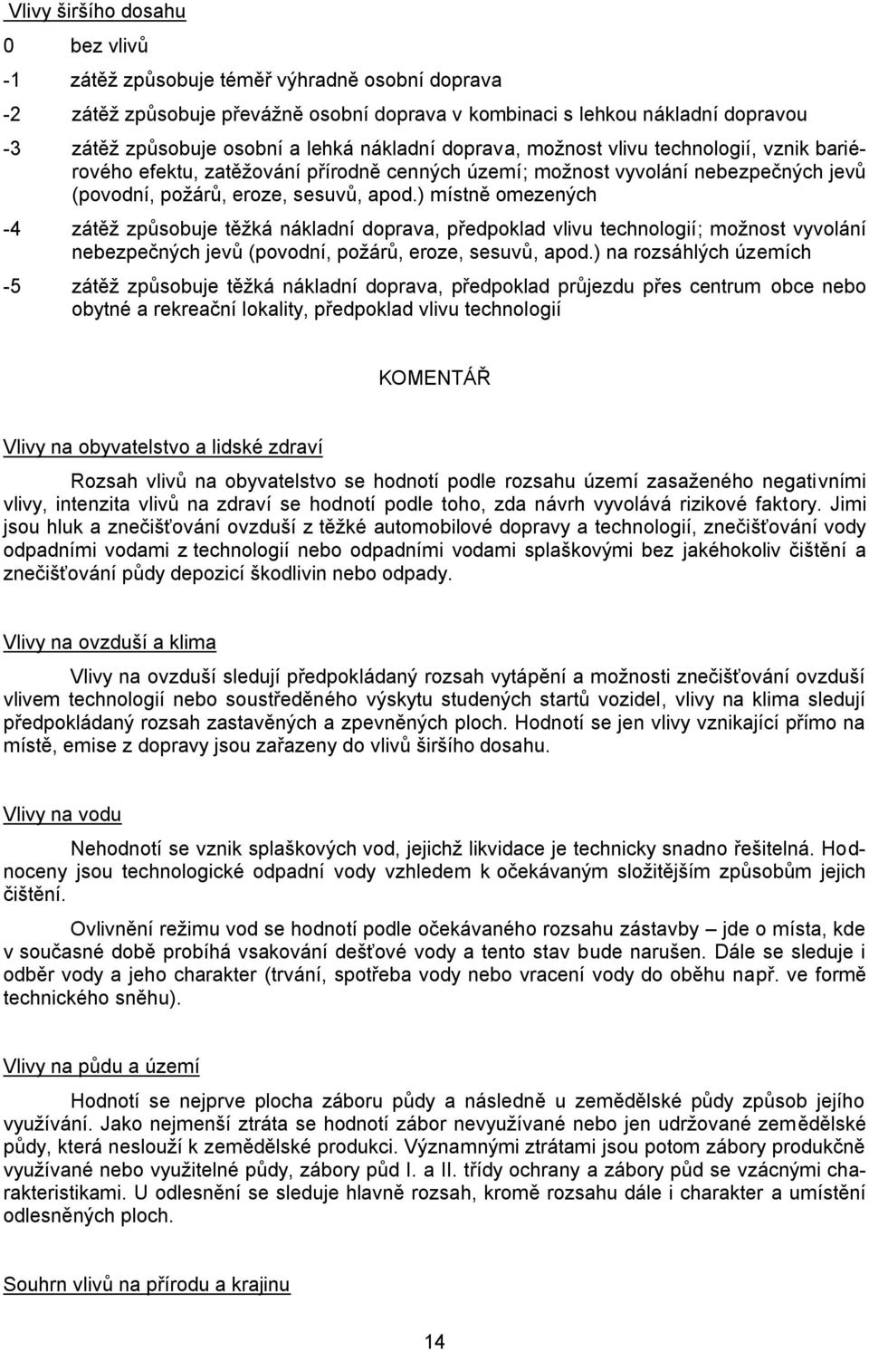) místně omezených -4 zátěž způsobuje těžká nákladní doprava, předpoklad vlivu technologií; možnost vyvolání nebezpečných jevů (povodní, požárů, eroze, sesuvů, apod.
