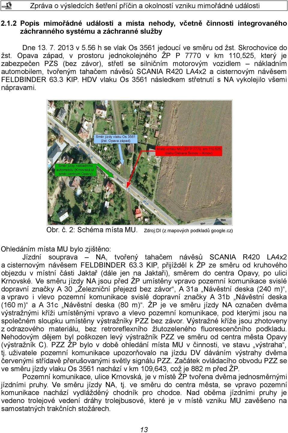 Opava západ, v prostoru jednokolejného ŽP P 7770 v km 110,525, který je zabezpečen PZS (bez závor), střetl se silničním motorovým vozidlem nákladním automobilem, tvořeným tahačem návěsů SCANIA R420